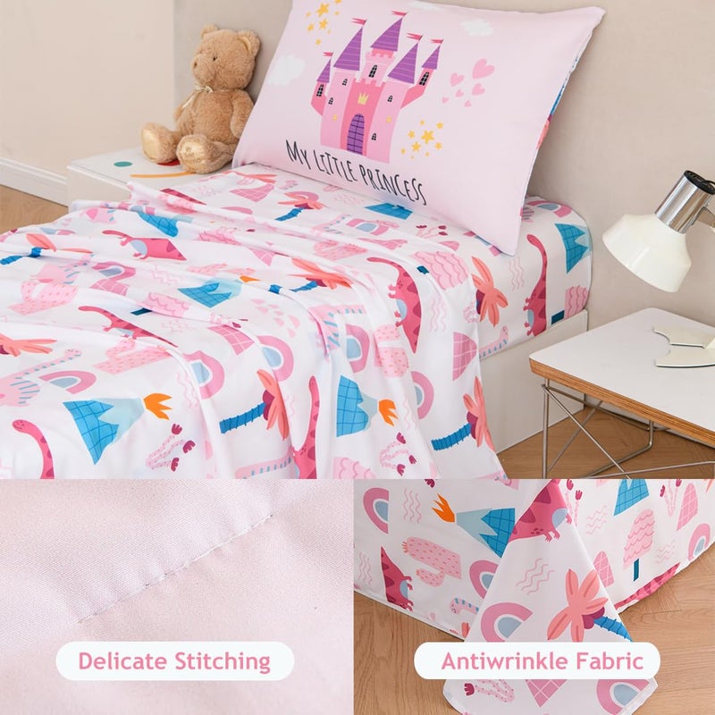 PERFEMET 4 Pieces Girls Toddler Bedding Set Pink Castle Fairy Tales Toddler Comforter Set Reversible Colorful Rainbow Princess Printed Toddler Bed Set with Sheets(Pink  Castle) - Image 4